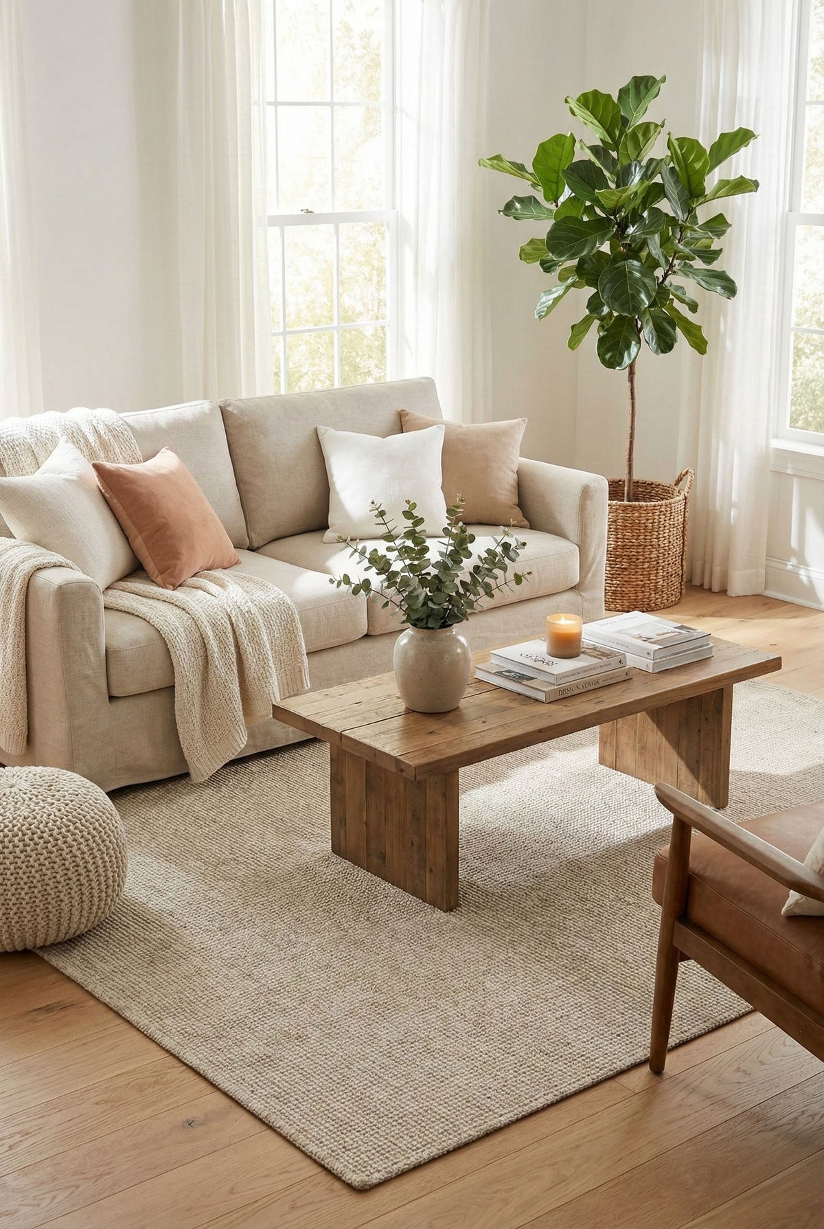 Judy JD 01 Cream Beige Sisal Halı’nın açık renkli bir oturma alanındaki görünümü.