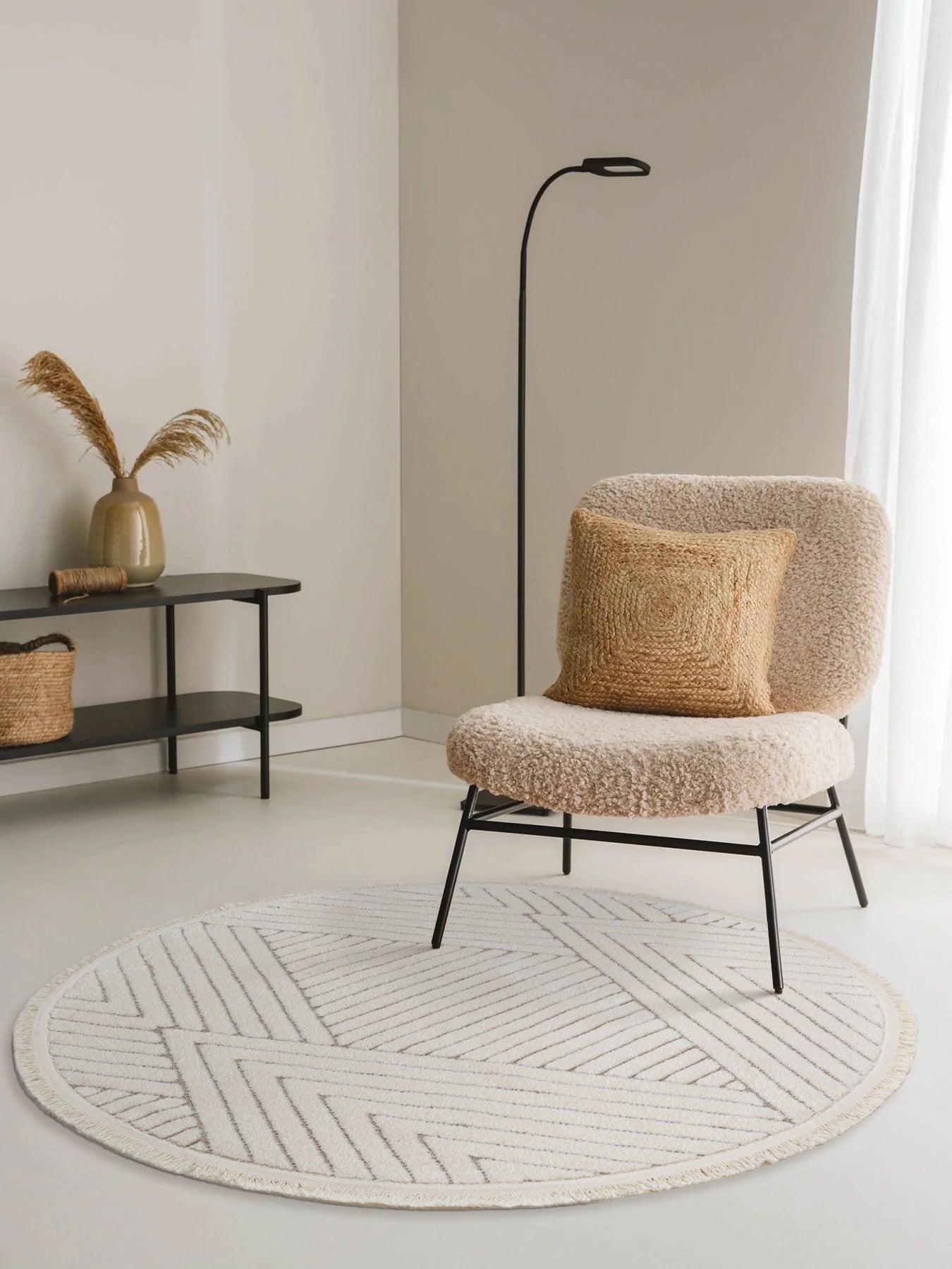 Sidney SDY02 Cream Beige Round Plush Textured Living Room Machine Carpet